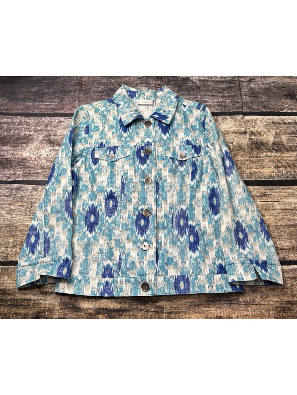 Chicos Jacket Womens Size 1 Medium Linen Cotton Geometric Metallic Button